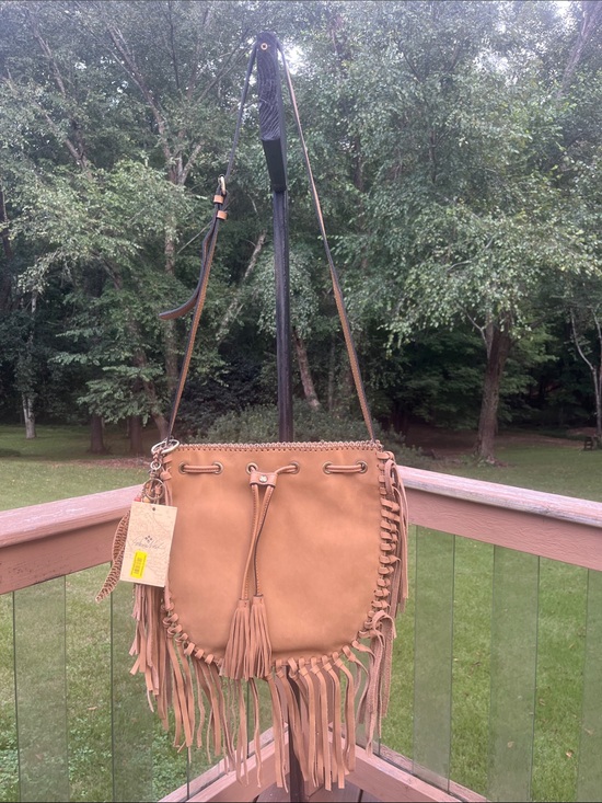 Patricia Nash Handbags - Patricia Nash Fringed Drawstring Shoulder / Crossbody Bag in Tan